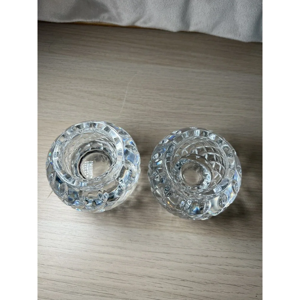 Crystal round reversible heavy diamond cut taper/tealight candle holder set of 2